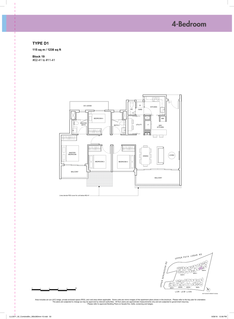 Forest Woods floor plan Type D1, 1238 sqft, Serangoon, Singapore