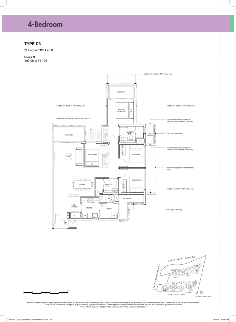 Forest Woods floor plan Type D3, 1281 sqft, Serangoon, Singapore