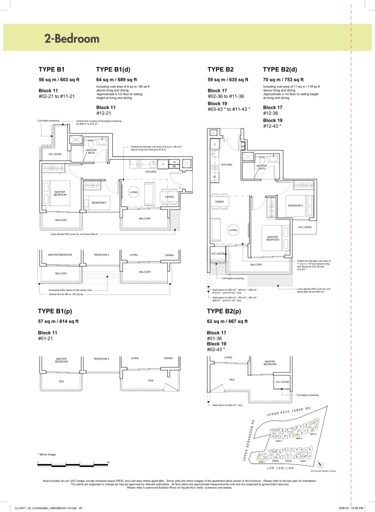 Forest Woods Residences 2 bedroom floor plans for Types B1 and B2, 603 to 635 sqft