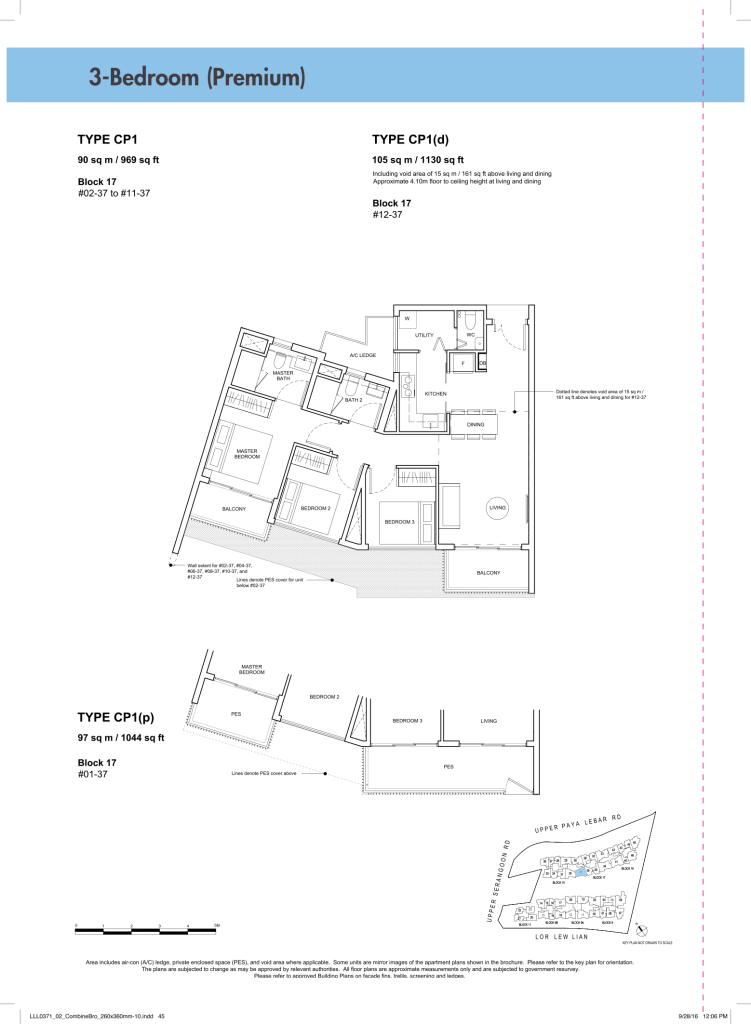 Forest Woods floor plan Type CP1, 969 sqft, Serangoon, Singapore