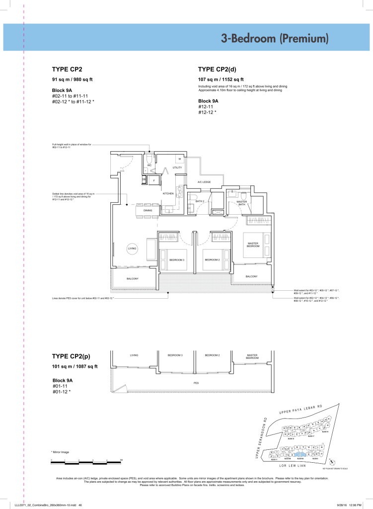 Forest Woods floor plan Type CP2, 980 sqft, Serangoon, Singapore