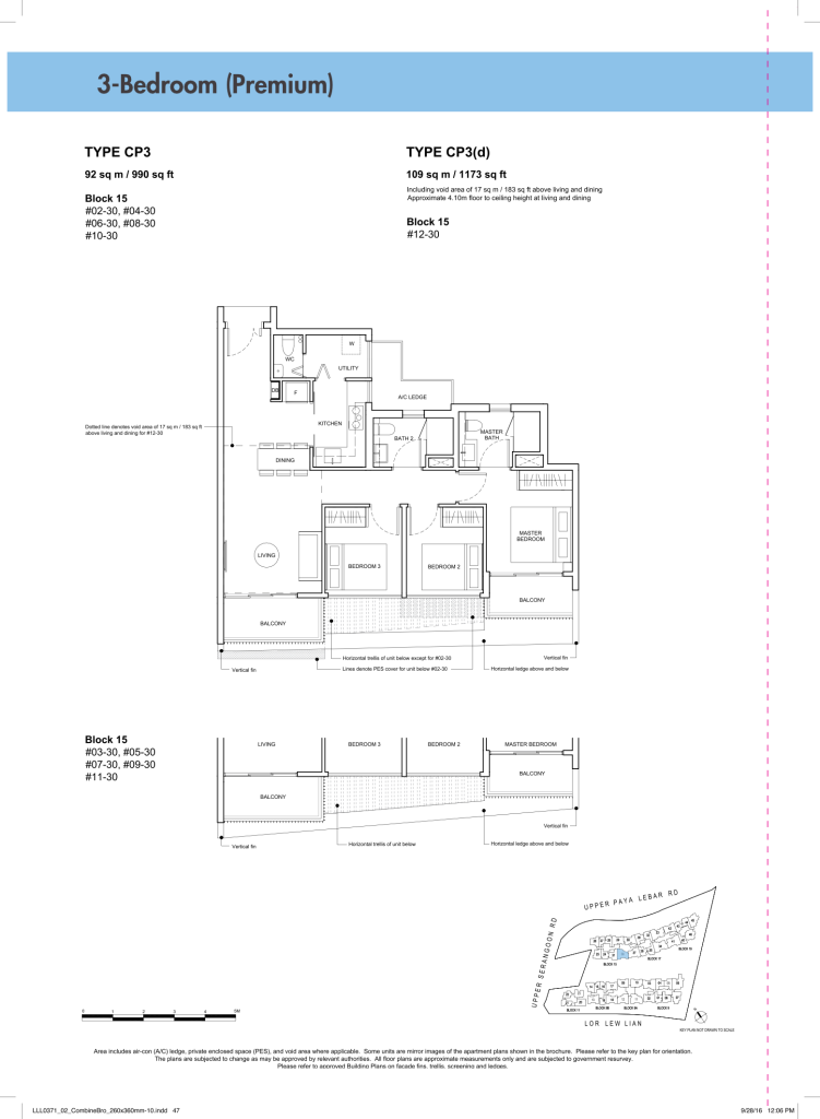 Forest Woods floor plan Type CP3, 990 sqft, Serangoon, Singapore