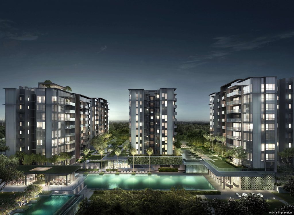 Forett at Bukit Timah blocks around the swimming pool at dusk, Bukit Timah, Singapore