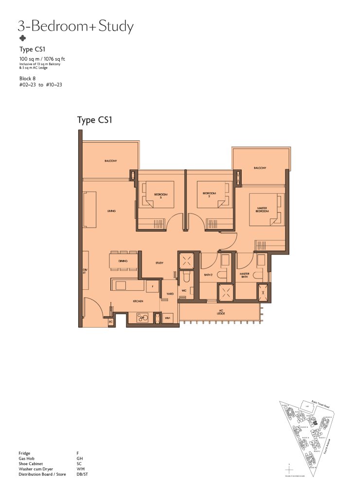 Fourth Avenue Residences floor plan Type CS1, 1076 sqft, Bukit Timah, Singapore