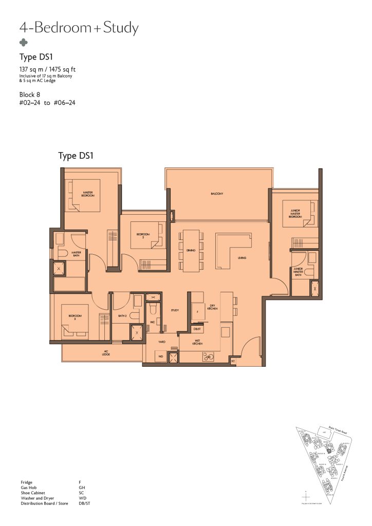 Fourth Avenue Residences floor plan Type DS1, 1475 sqft, Bukit Timah, Singapore