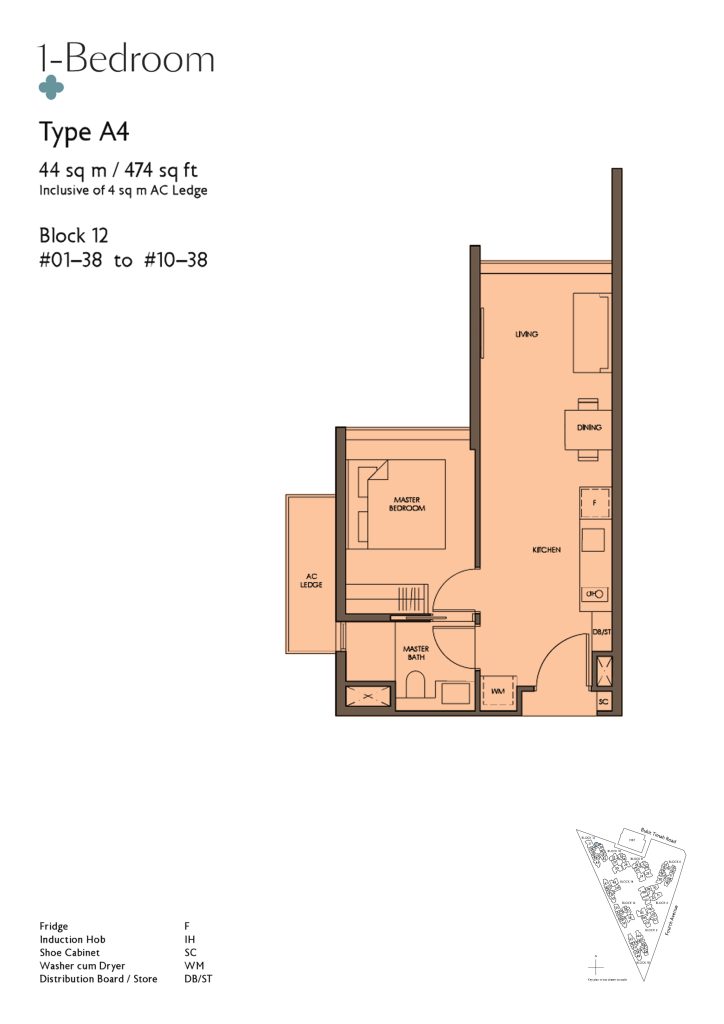 Fourth Avenue Residences floor plan Type A4, 474 sqft, Bukit Timah, Singapore