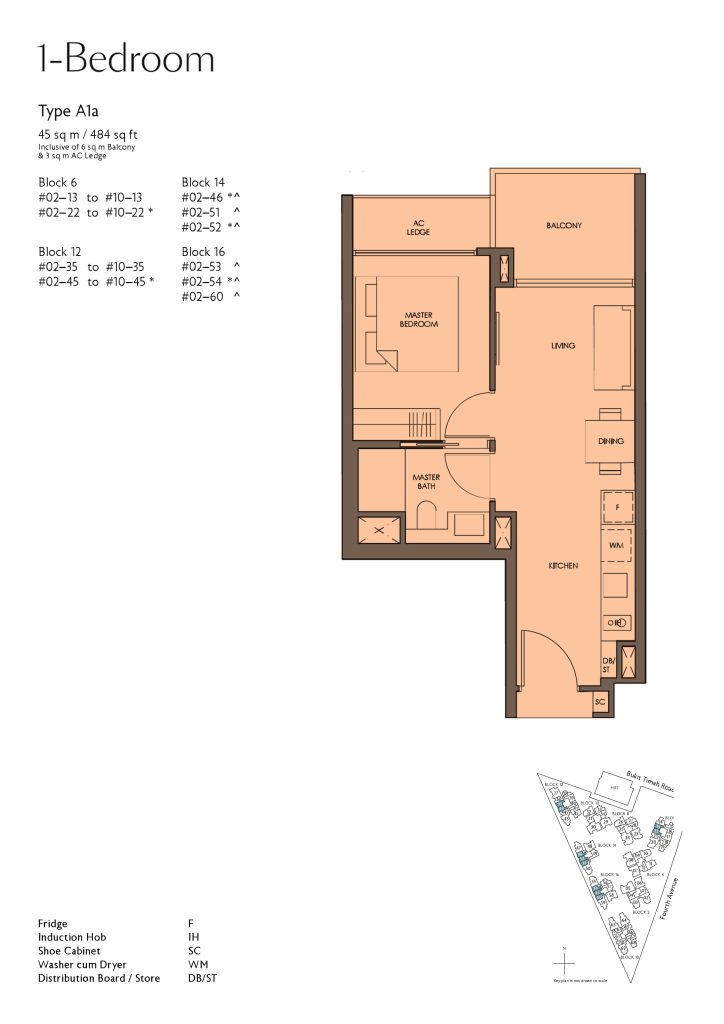 Fourth Avenue Residences floor plan Type A1, 484 sqft, Bukit Timah, Singapore