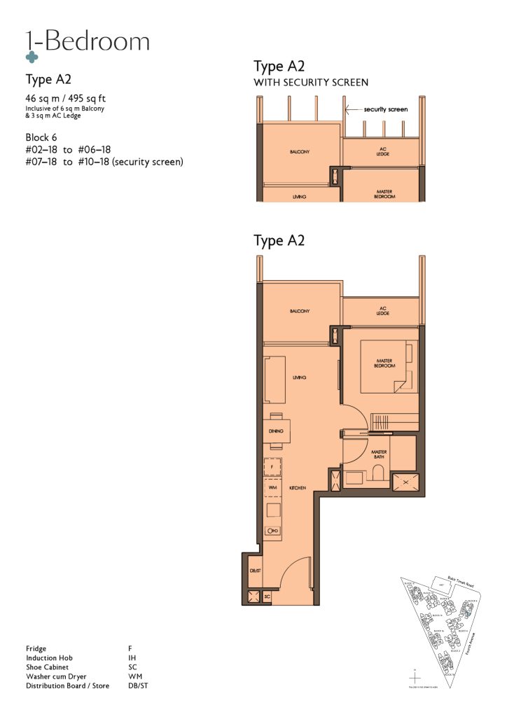 Fourth Avenue Residences floor plan Type A2, 495 sqft, Bukit Timah, Singapore