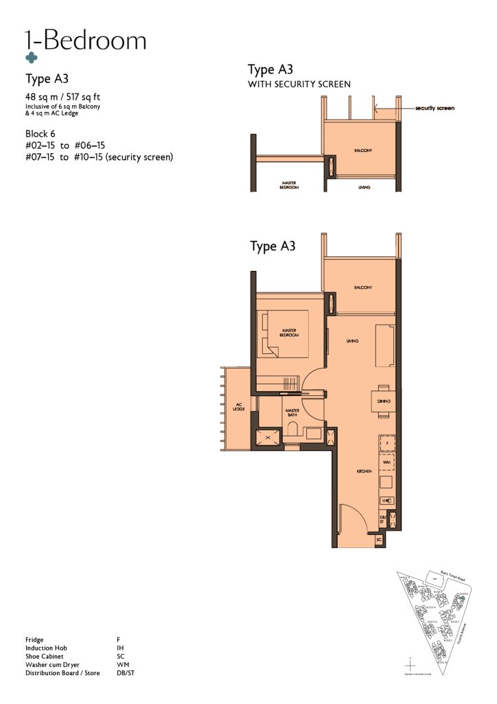Fourth Avenue Residences floor plan Type A3, 517 sqft, Bukit Timah, Singapore