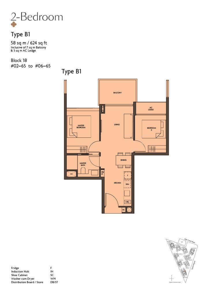 Fourth Avenue Residences floor plan Type B1, 624 sqft, Bukit Timah, Singapore