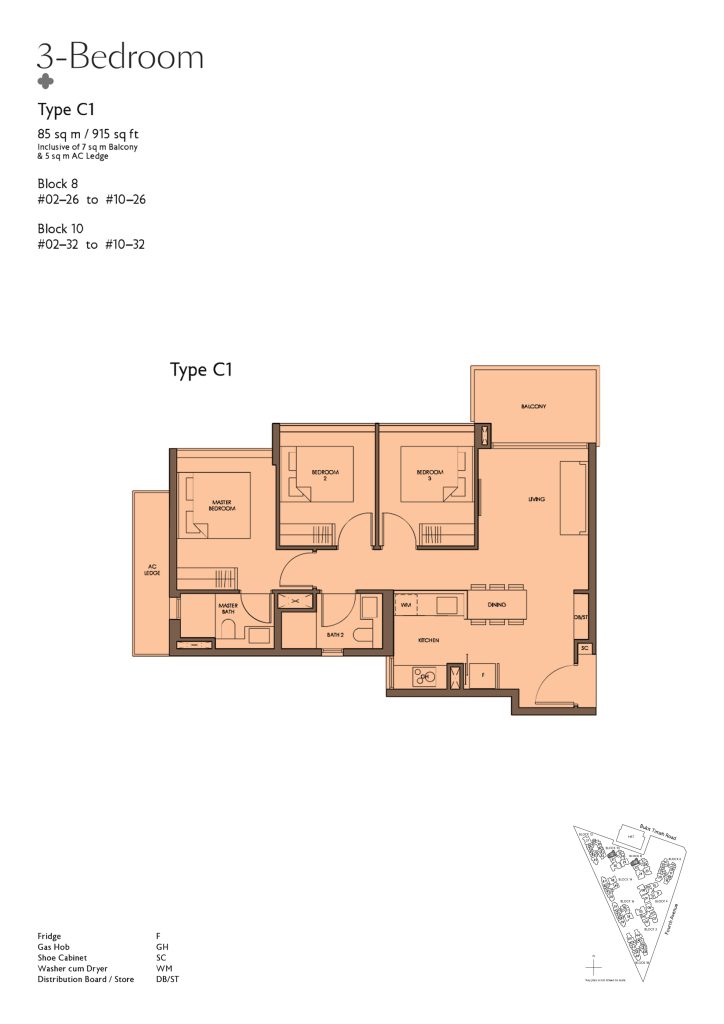 Fourth Avenue Residences floor plan Type C1, 915 sqft, Bukit Timah, Singapore