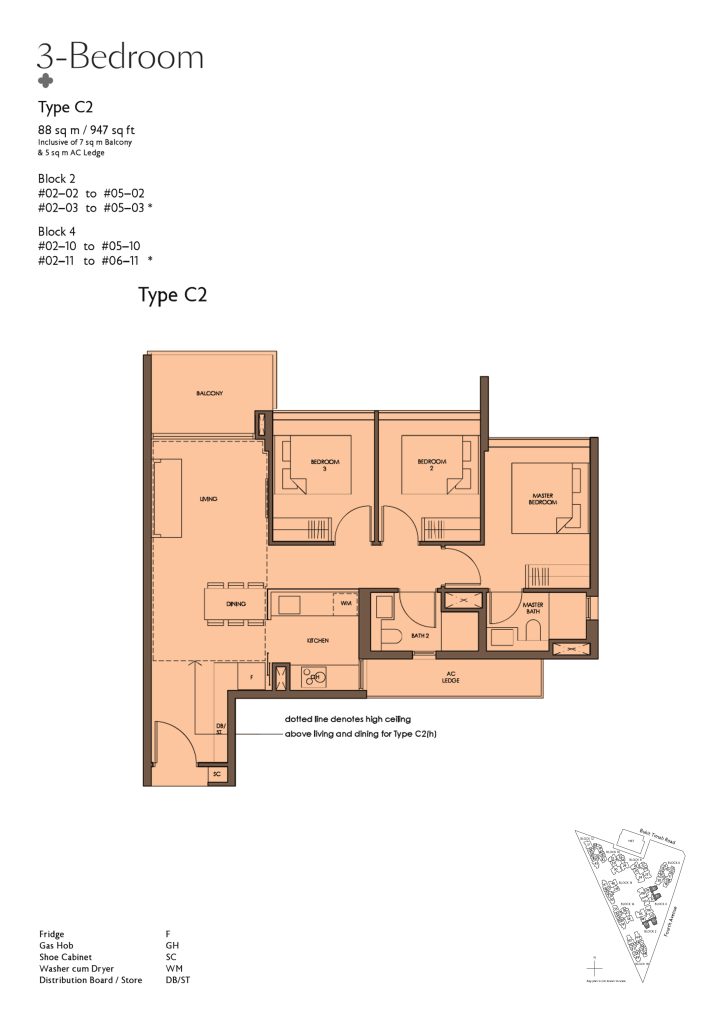 Fourth Avenue Residences floor plan Type C2, 947 sqft, Bukit Timah, Singapore