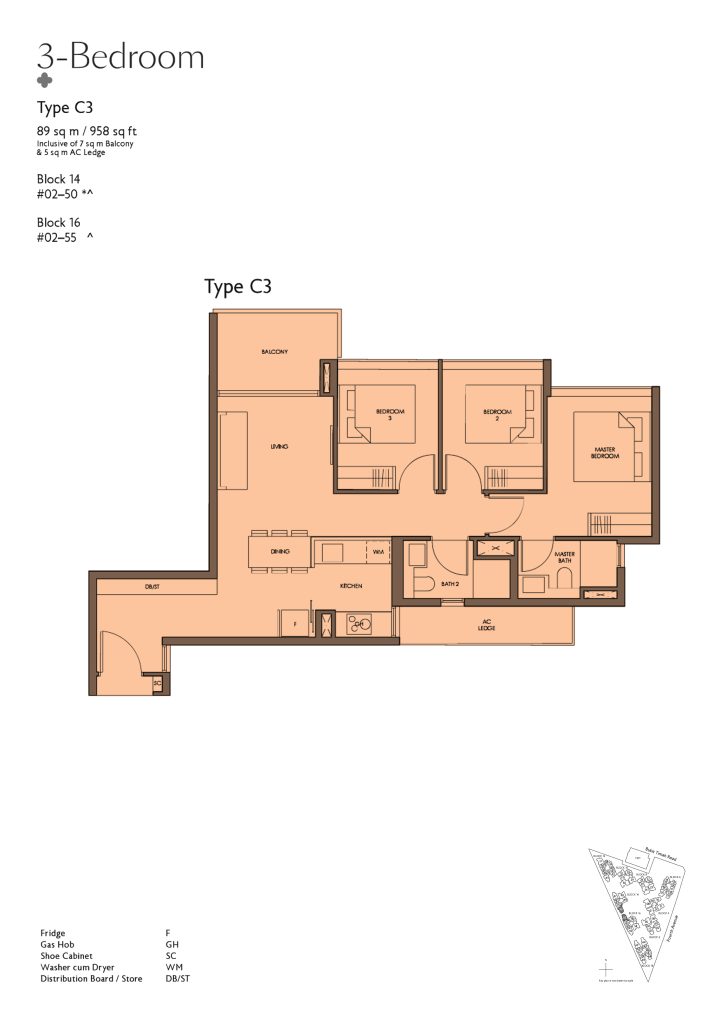 Fourth Avenue Residences floor plan Type C3, 958 sqft, Bukit Timah, Singapore