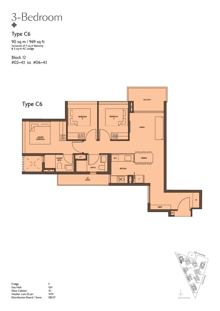 Fourth Avenue Residences floor plan Type C6, 969 sqft, Bukit Timah, Singapore