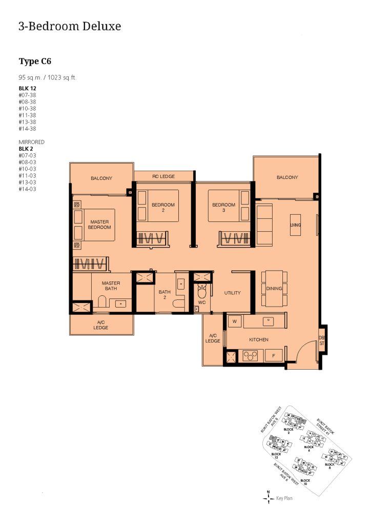 Le Quest 3 Bedroom floor plan Type 3BR, 1023 sqft, Bukit Batok, Singapore