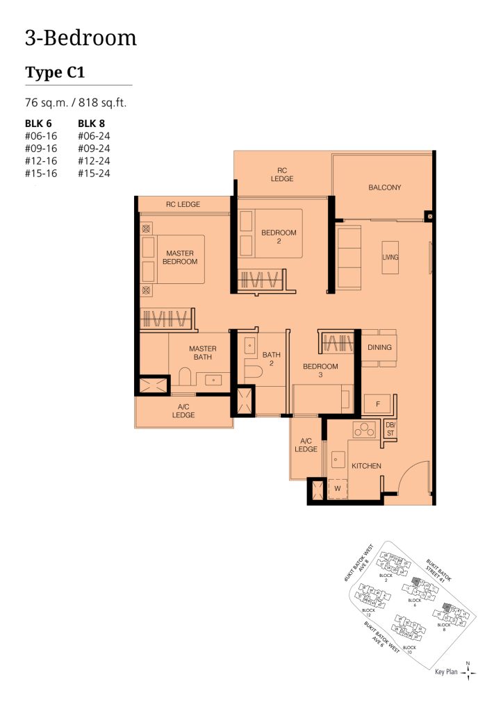 Le Quest 3 Bedroom floor plan Type 3BR, 818 sqft, Bukit Batok, Singapore