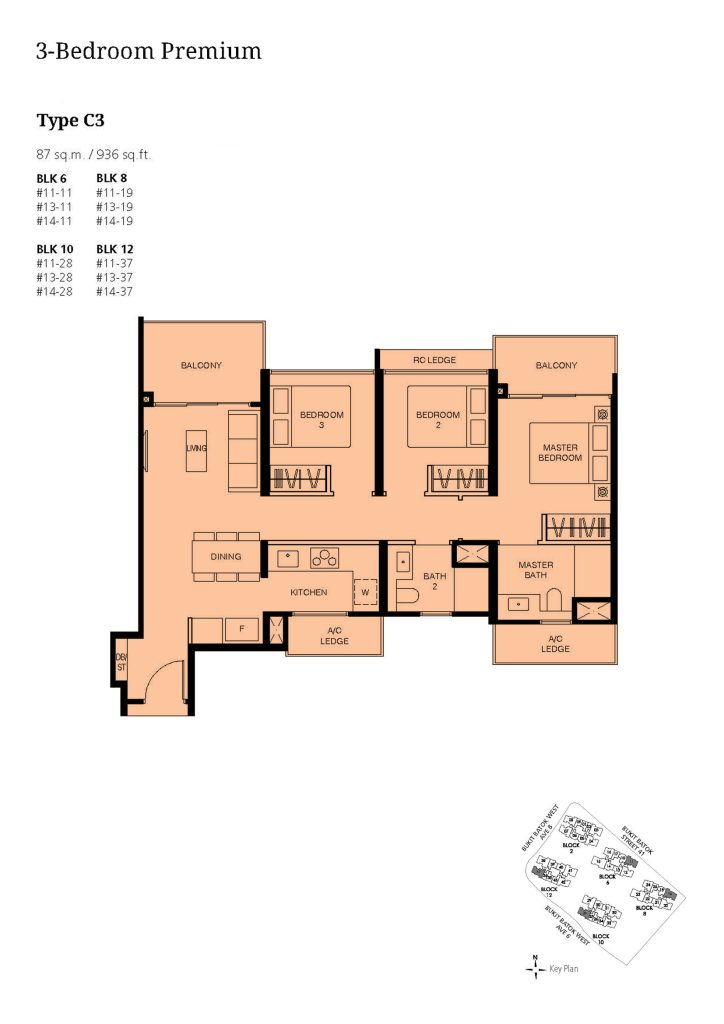 Le Quest 3 Bedroom floor plan Type 3BR, 936 sqft, Bukit Batok, Singapore
