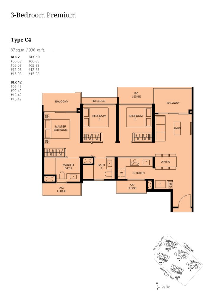 Le Quest 3 Bedroom floor plan Type 3BR, 936 sqft, Bukit Batok, Singapore
