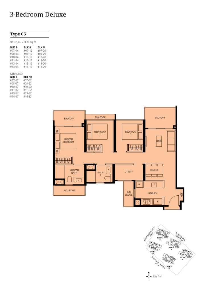 Le Quest 3 Bedroom floor plan Type 3BR, 980 sqft, Bukit Batok, Singapore