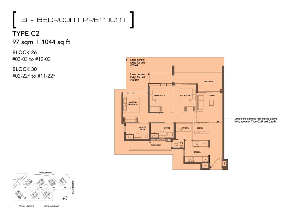 Leedon Green floor plan Type C2, 1044 sqft, Bukit Timah, Singapore