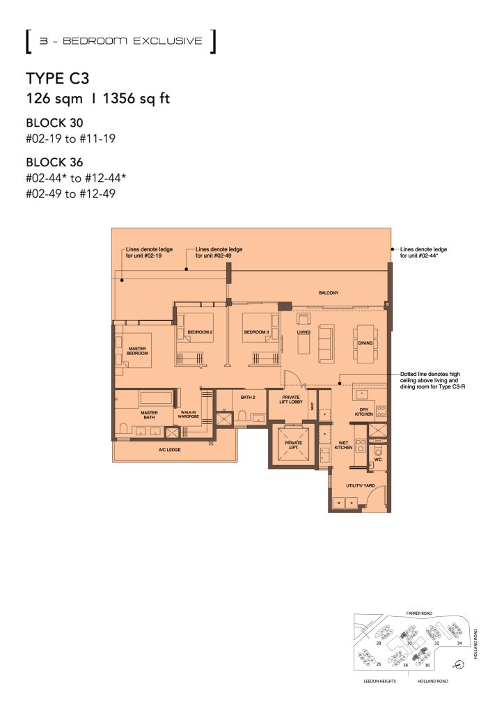 Leedon Green floor plan Type C3, 1356 sqft, Bukit Timah, Singapore