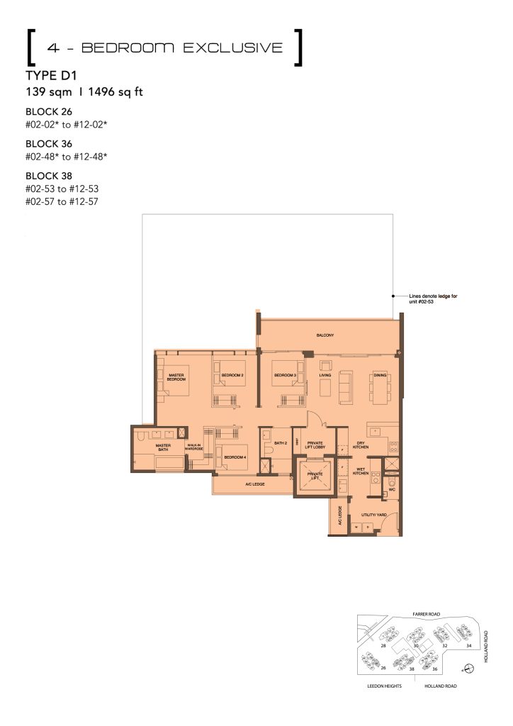 Leedon Green floor plan Type D1, 1496 sqft, Bukit Timah, Singapore