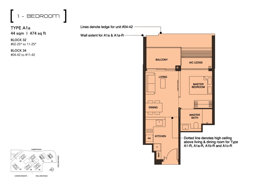 Leedon Green floor plan Type A1, 474 sqft, Bukit Timah, Singapore