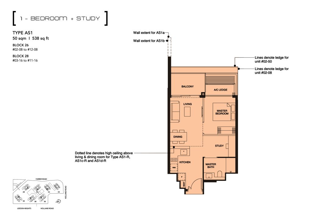 Leedon Green floor plan Type AS1, 538 sqft, Bukit Timah, Singapore