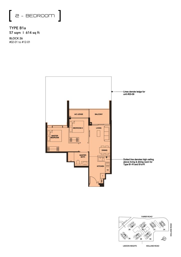 Leedon Green floor plan Type B1, 614 sqft, Bukit Timah, Singapore