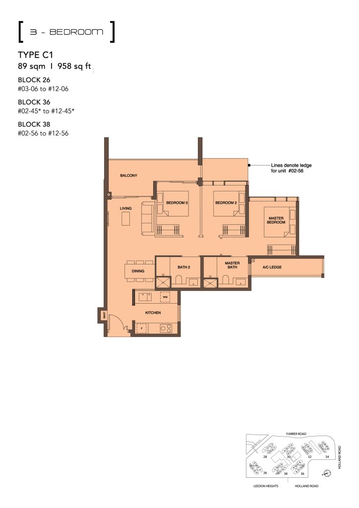 Leedon Green floor plan Type C1, 958 sqft, Bukit Timah, Singapore
