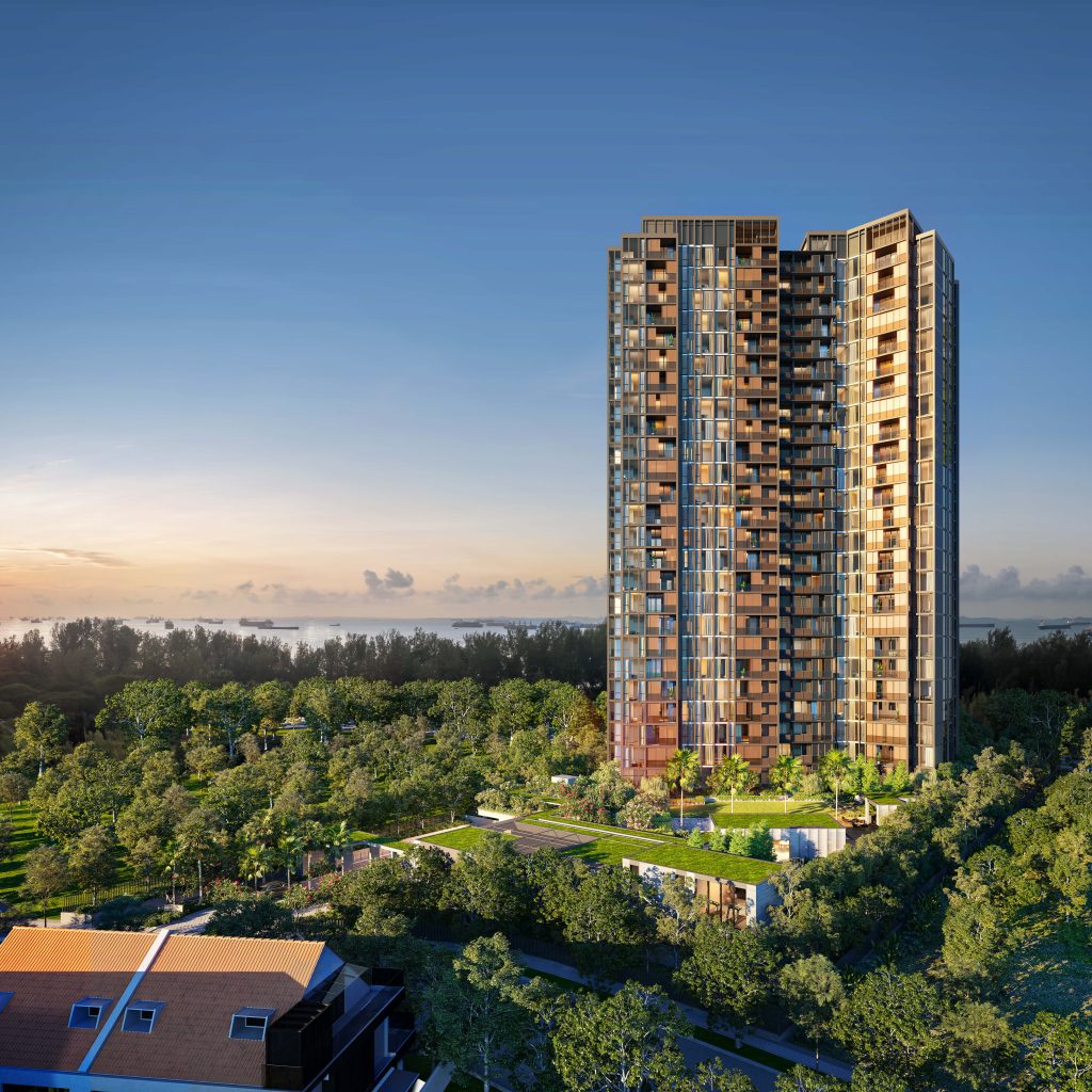 Meyer Mansion tower seen from the surrounding low-rise estate at dusk, Marine Parade, Singapore