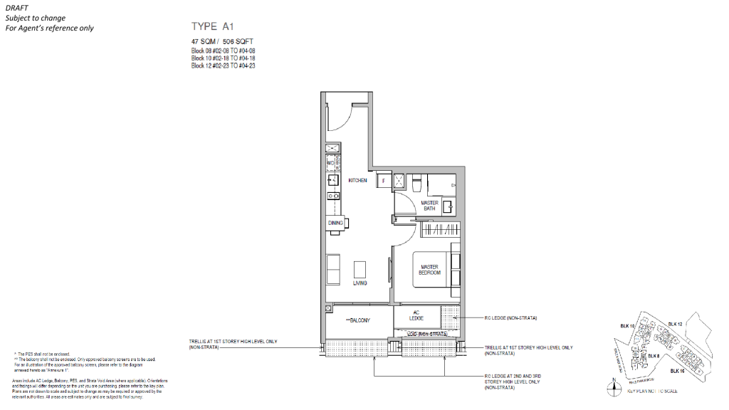 Mayfair Gardens floor plan Type A1, 506 sqft, Bukit Timah, Singapore