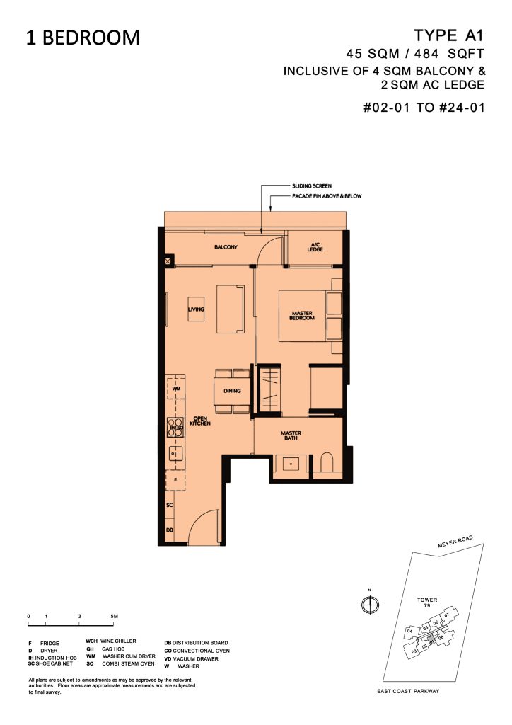 Meyer Mansion floor plan Type A1, 484 sqft, Marine Parade, Singapore