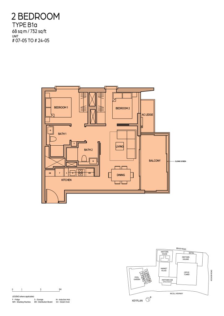 Midtown Bay floor plan Type B1A, 732 sqft, Downtown Core, Singapore