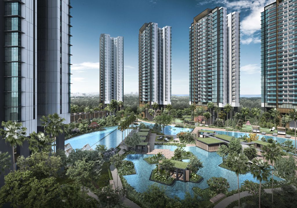 Normanton Park towers and lagoon pools seen from above, Queenstown, Singapore