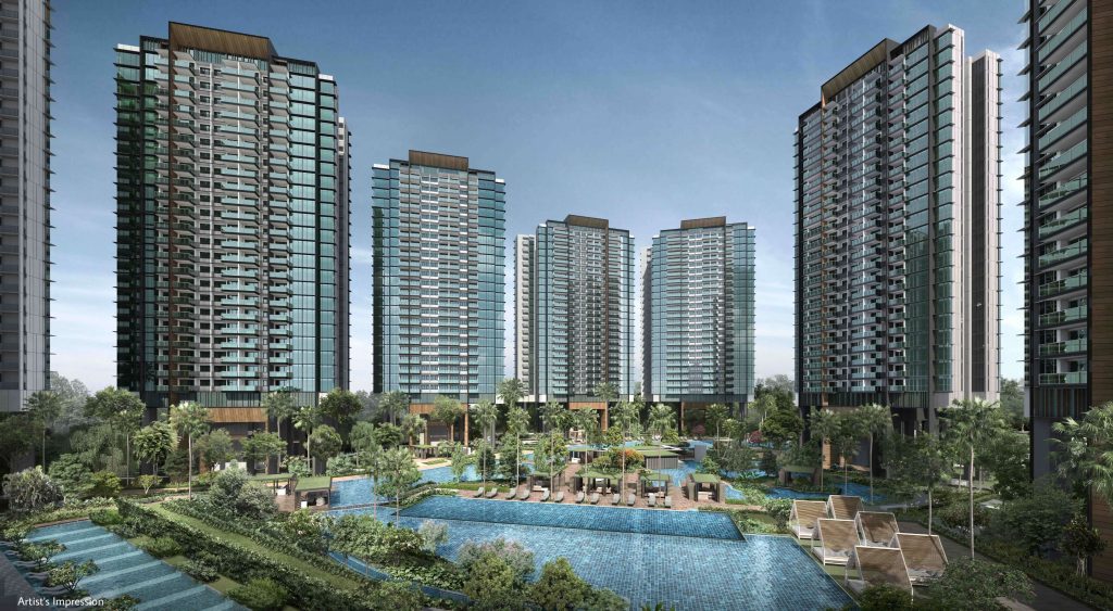 Normanton Park towers around the central swimming pool, Queenstown, Singapore