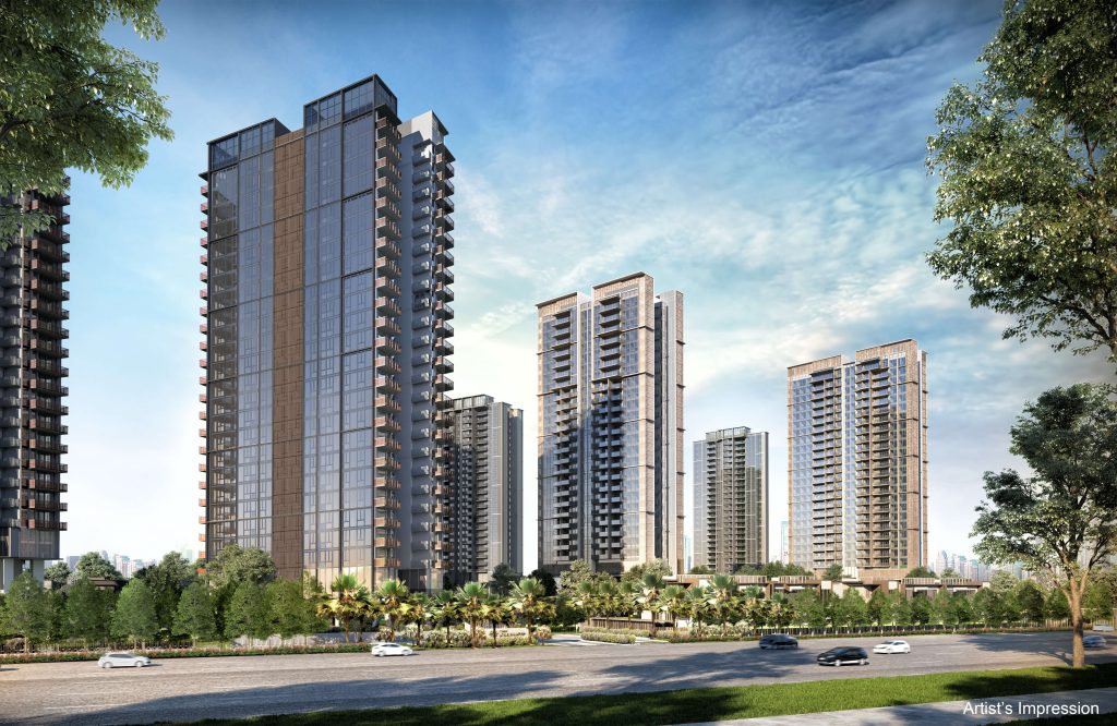 Parc Clematis towers seen from the road with landscaped grounds, Clementi, Singapore