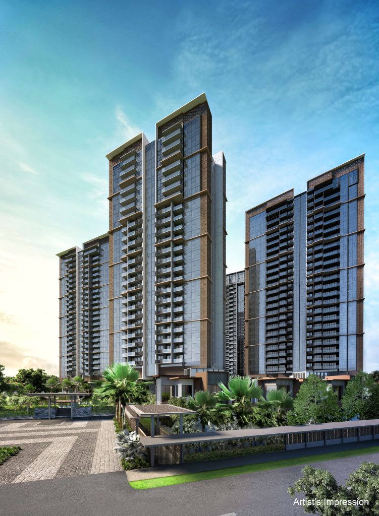 Parc Clematis towers seen from the entrance at dusk, Clementi, Singapore