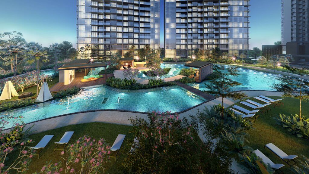 Parc Esta family lagoon pool at night, Geylang, Singapore
