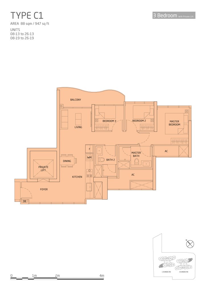 Queens Peak floor plan, 947 sqft, Queenstown, Singapore