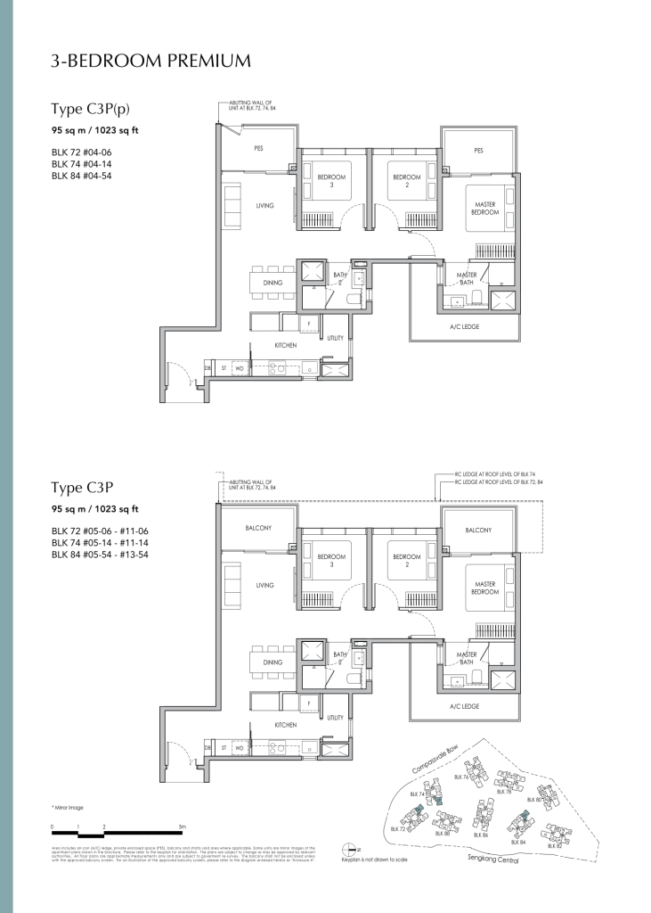 Sengkang Grand Residences floor plan Type C3P, 1023 sqft, Sengkang, Singapore