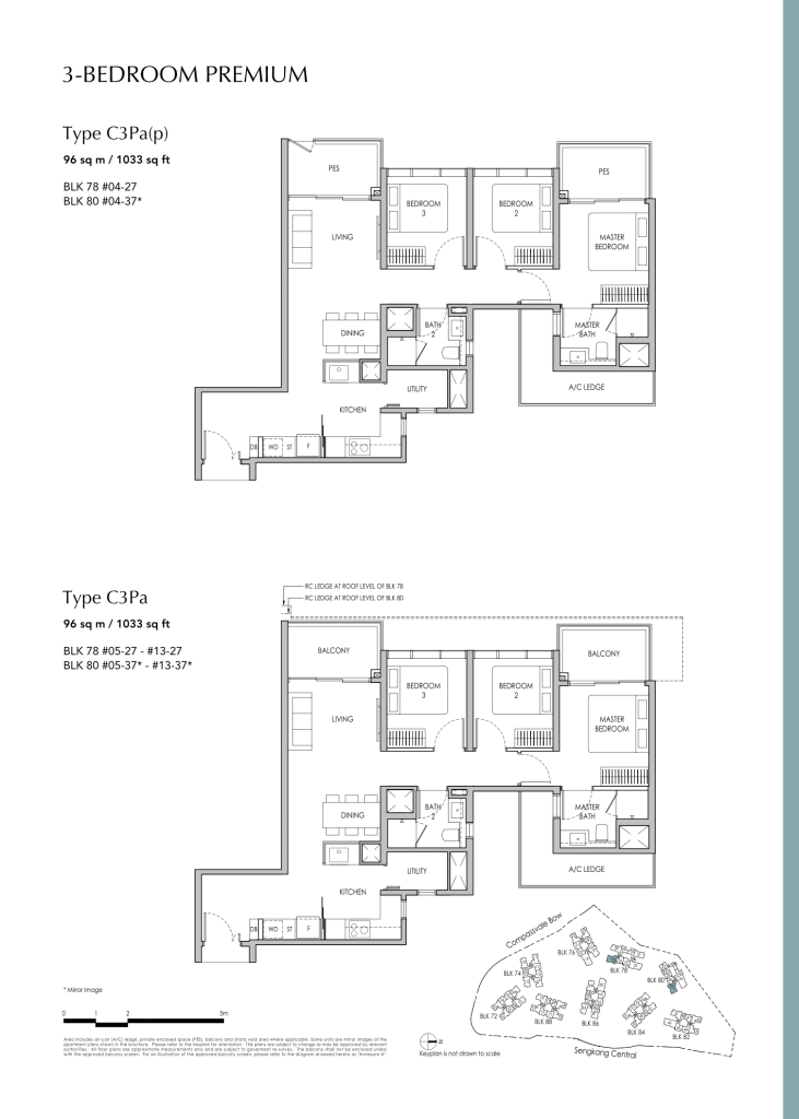 Sengkang Grand Residences floor plan Type C3PA, 1033 sqft, Sengkang, Singapore