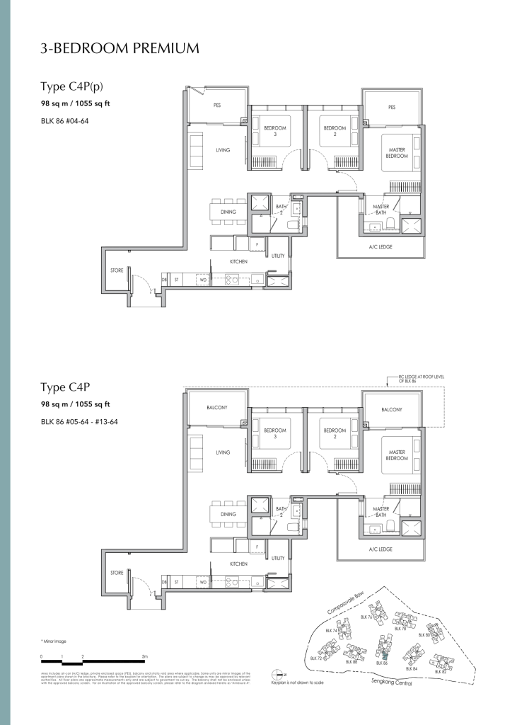 Sengkang Grand Residences floor plan Type C4P, 1055 sqft, Sengkang, Singapore