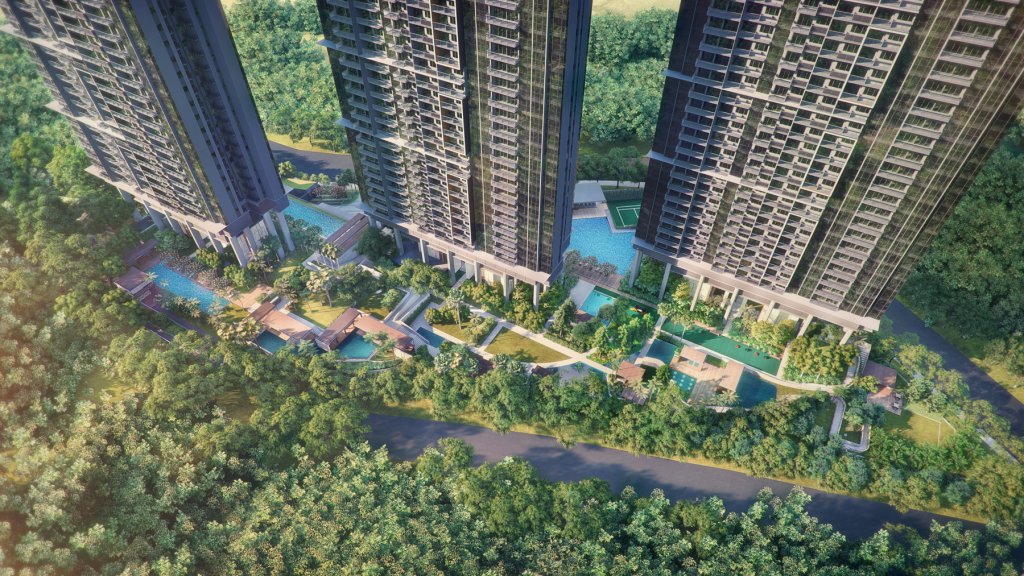 Stirling Residences three towers and swimming pool seen from above, Queenstown, Singapore