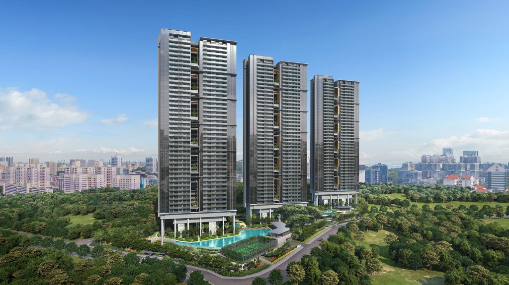 Stirling Residences three towers seen from the road, Queenstown, Singapore