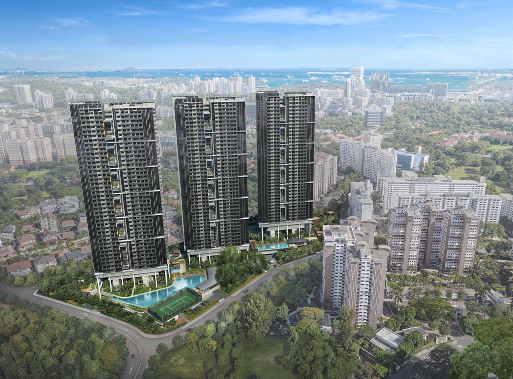 Stirling Residences three towers seen from above with Queenstown beyond, Queenstown, Singapore
