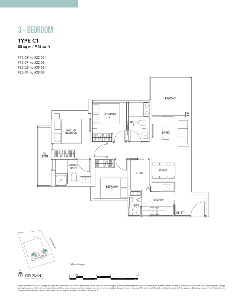 Sky Everton floor plan Type C1, 915 sqft, Bukit Merah, Singapore