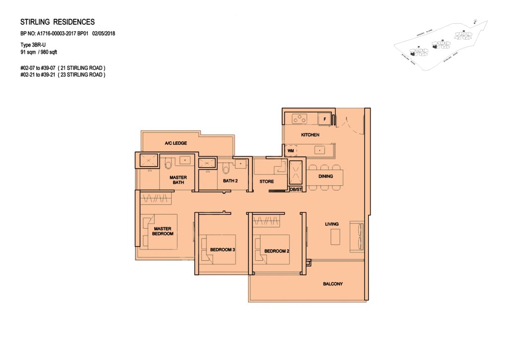 Stirling Residences floor plan, 980 sqft, Queenstown, Singapore