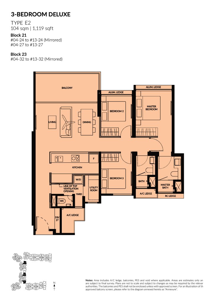 The Woodleigh Residences 3 Bedroom floor plan Type 3BR, 1119 sqft, Toa Payoh, Singapore