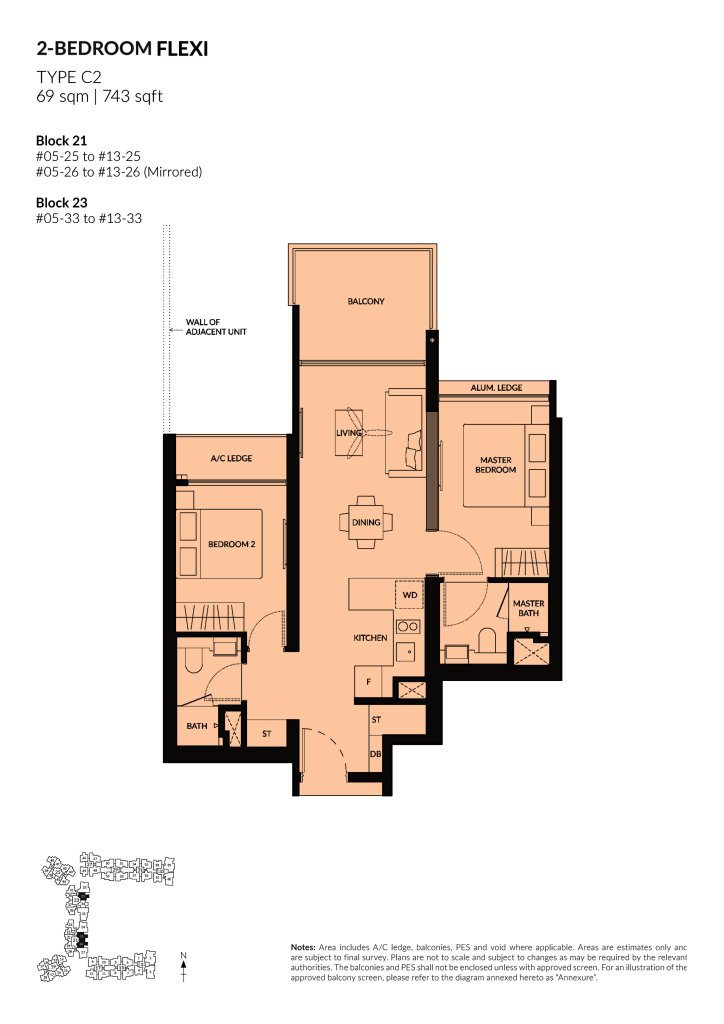 The Woodleigh Residences 2 Bedroom floor plan Type 2BR, 743 sqft, Toa Payoh, Singapore